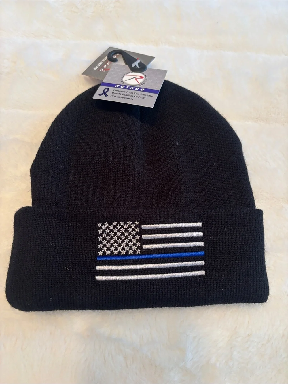 Rothco Black Knit Beanie with Thin Blue Line Flag Embroidery NWT NEW